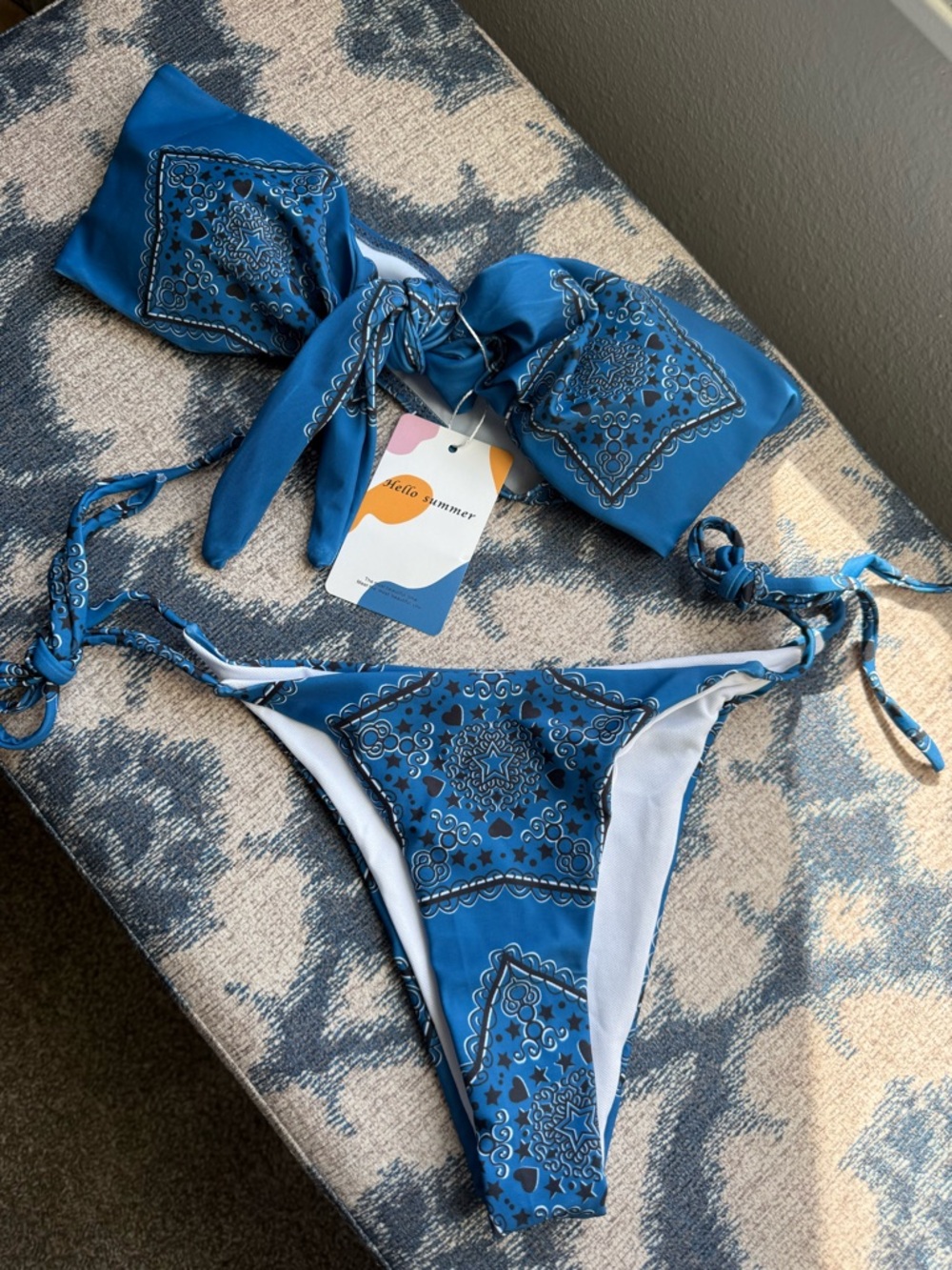 Blue Bandana-Print Tie-Side Bikini Set